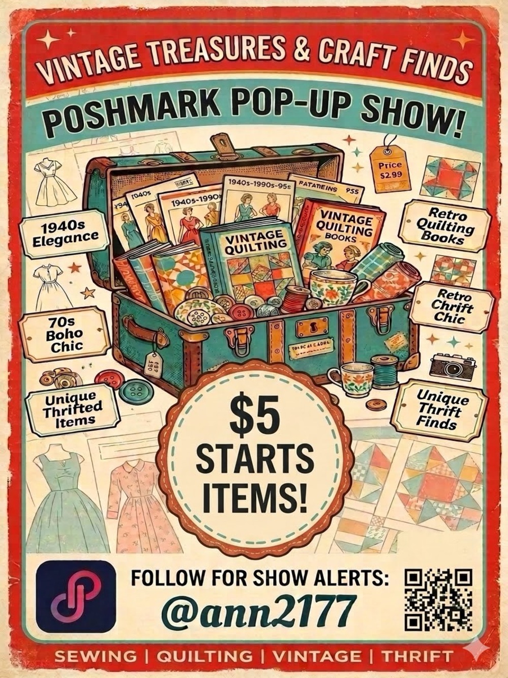 Vintage Treasures & Craft Finds Pop-Up Show Poster - Retro Red & Teal